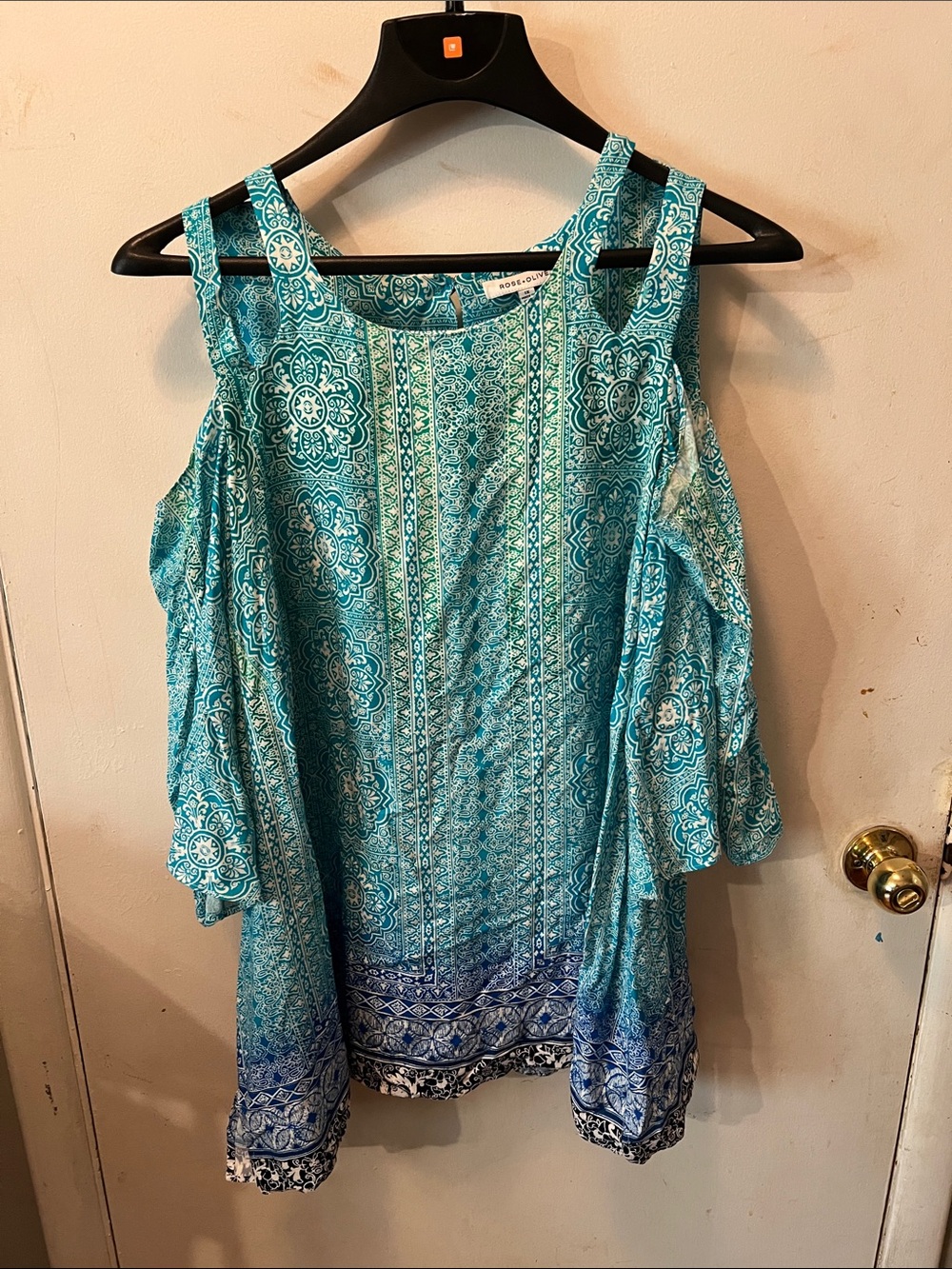 Rose & Olive Teal and Blue Cold-Shoulder Printed Tunic